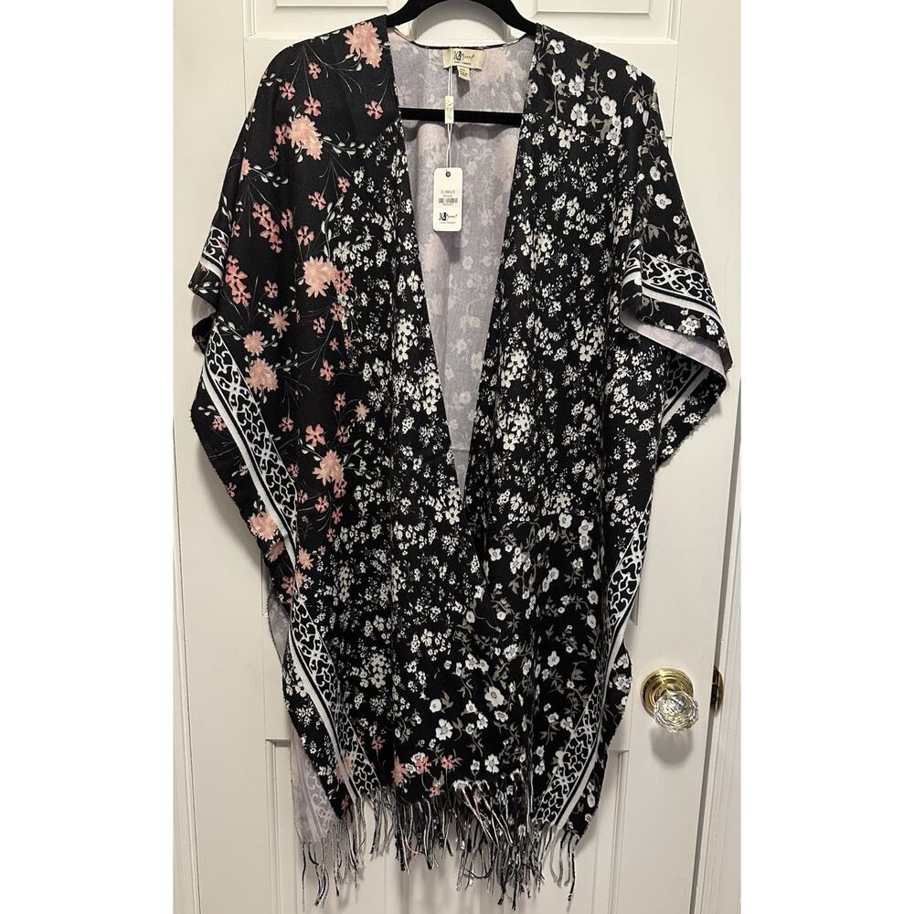 JC Sunny Black Floral Kimono Shawl Fringe Open Front Wrap Reversible NWT